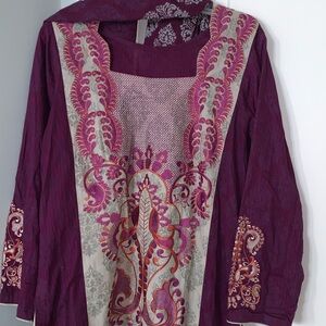 Purple and Beige Cotton Embroidered Pakistani Women 3 Pc Dress
